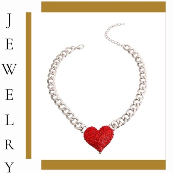 Red Rhinestone Heart Silver Necklace - Picture 1 of 2